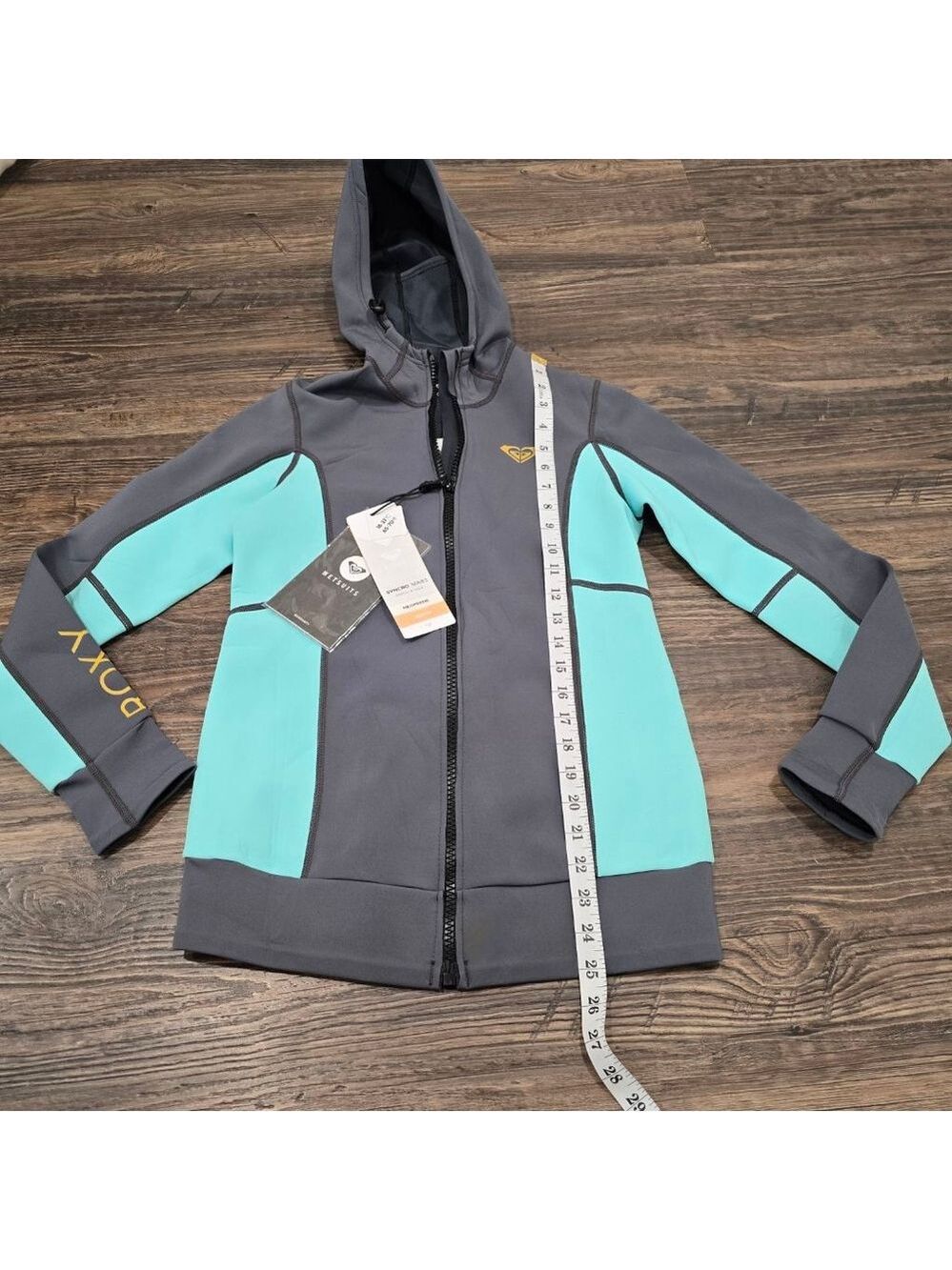 Roxy Syncro Neoprene Jacket Wetsuit Top Womens 6 Gray Teal Hooded Zip - Picture 13 of 14